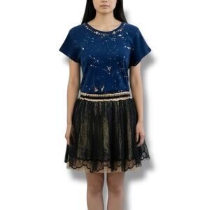 Derhy Size S Blue Wool Beaded Metallic Accents Organza Skirt Dress Artsy Fairy